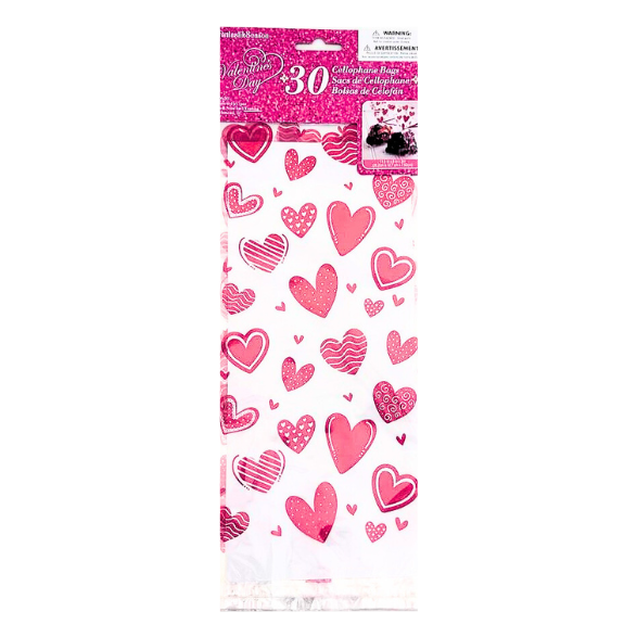 30CT PARTY CELLO BAGS, VALENTINE'S HEARTS